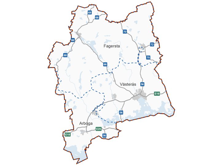 Kartbild över Västmanlands län 13 driftområden; norra Bohuslän, Borås, Dalsland, Göteborg, Kungälv, Landvetter, norra- västra och södra Skaraborg, Trollhättan, Uddevalla, Viskadalen, Ätradalen.