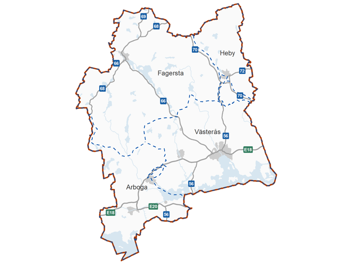 Kartbild över Västmanlands län 13 driftområden; norra Bohuslän, Borås, Dalsland, Göteborg, Kungälv, Landvetter, norra-  västra och södra Skaraborg, Trollhättan, Uddevalla, Viskadalen, Ätradalen. 