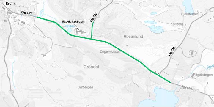 Karta som visar med grön linje vilka delar av vägarna 646 och 652 som vi kommer att arbeta med.