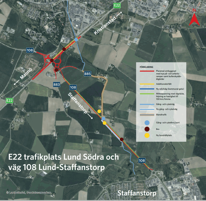 Karta över E22 och väg 108