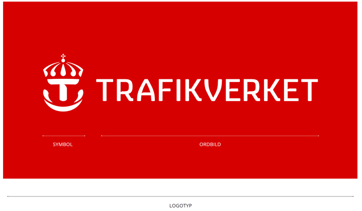 Trafikverkets logotyp. Två pilar visar hur kronan och texten ska placeras i förhållande till varandra.