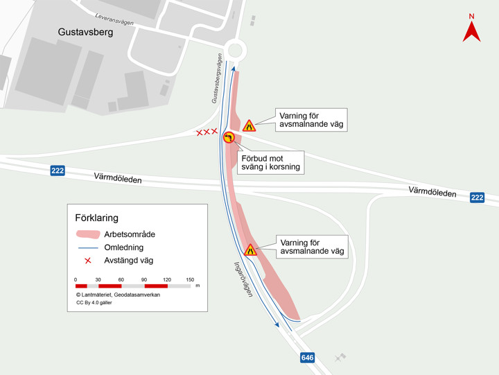 Karta över väg 57 som visar var det trafikpåverkande arbetet ska göras från och med vecka 50. Den röda linjen visar vägsträckan som berörs. Karta: Trafikverket