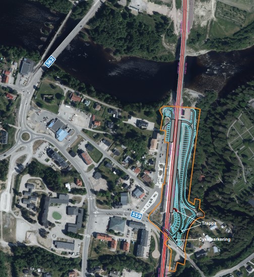 Illustration som visar en ny och en förlängd plattform, serviceväg, trappor till nya plattformen och en cykelparkering.
