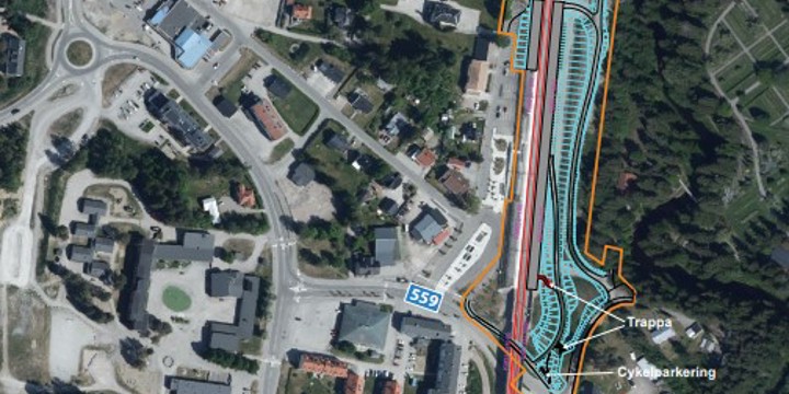 Illustration som visar en ny och en förlängd plattform, serviceväg, trappor till nya plattformen och en cykelparkering.
