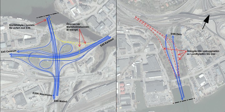 Karta över trafikflöden i Tingstadstunneln efter den 18 maj 2024.