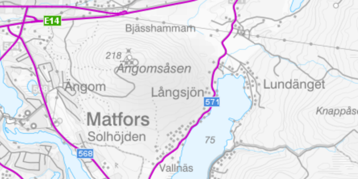 Karta som visar väg 571 förbi Långsjön, E14 samt väg 568 förbi Matfors