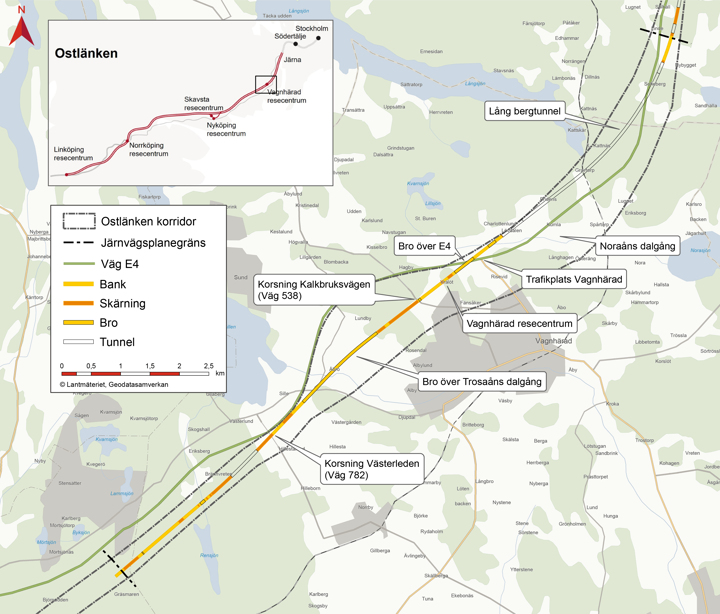 Karta över Ostlänkens planerade sträckning genom Trosa kommun, från Långsjön i norr till Sillekrog i söder.
