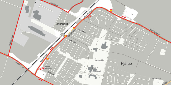 Kartbild över Hjärup med rödmarkerade omledningsvägar och avstängt område markerat