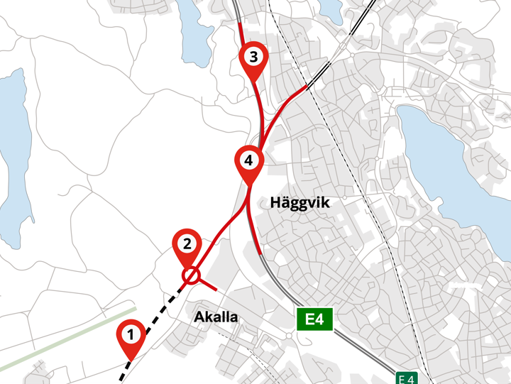 Webbkarta som visar var arbeten pågår i Akalla och Häggvik.