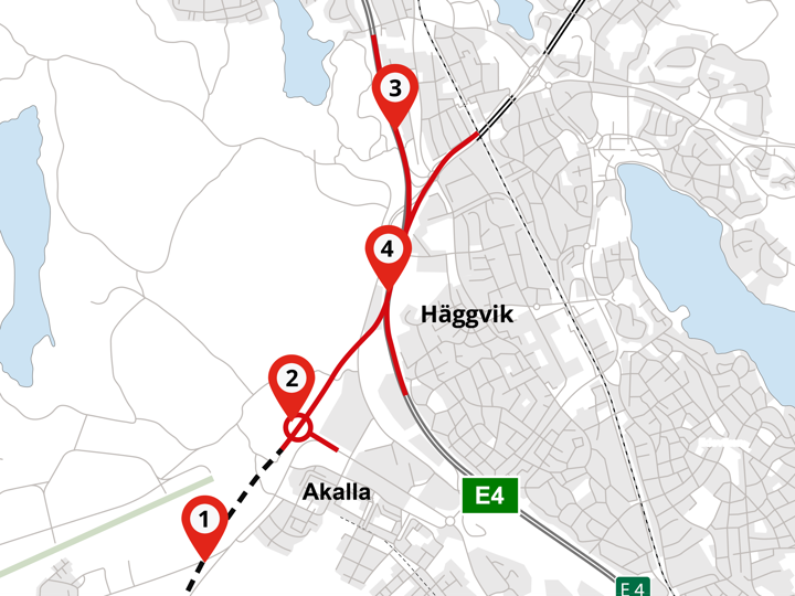 Webbkarta som visar var arbeten pågår i Akalla och Häggvik.