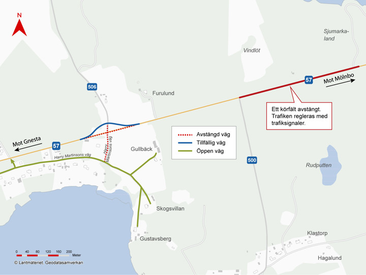 Karta över väg 57 som visar var det är trafikpåverkande arbeten. Den röda linjen visar vilken vägsträcka på väg 57 som har ett körfält avstängt och som regleras med trafiksignaler.