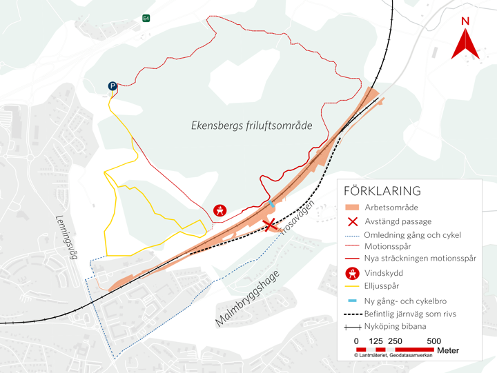 Karta över området kring Ekensberg. Den nya gång- och cykelbron visas med ljusblå linje.