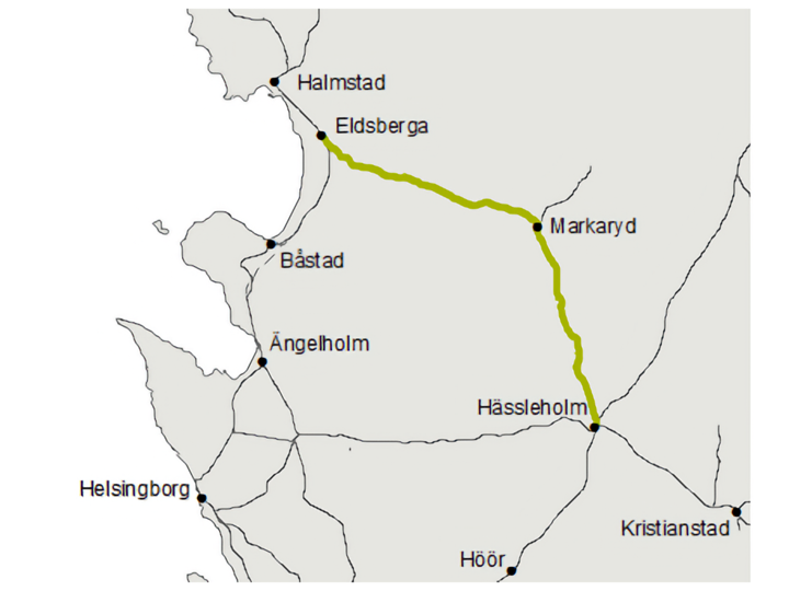 Markarydsbanan sträcker sig mellan Eldsberga (på Väskustbanan) och Hässleholm (på Södra stambanan), via Markaryd. 
