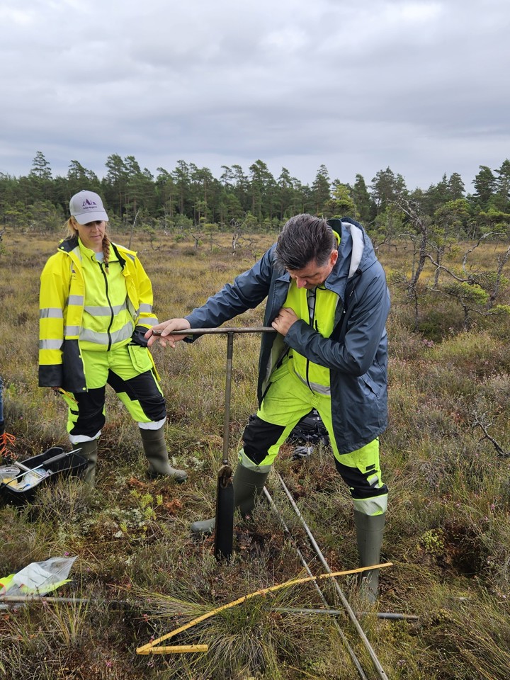 Två personer med varselkläder utför arkeologiska undersökningar ute på en moss.