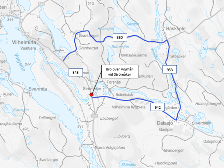 Trafiken kommer att ledas via den blåmarkerade sträckningen på bilden.