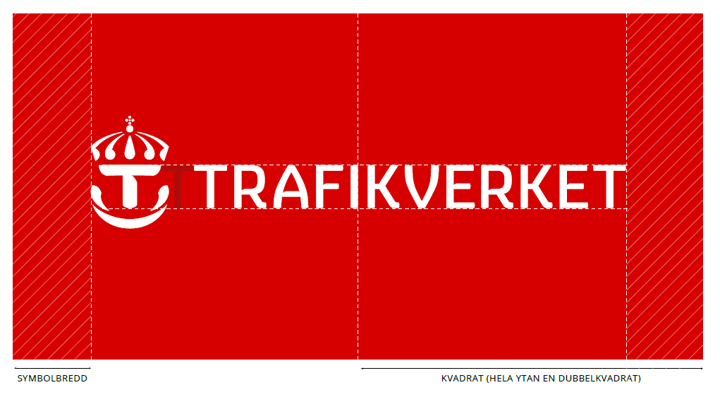 Trafikverkets logotyp. Raster visar hur kronan och texten ska placeras i rektangeln.