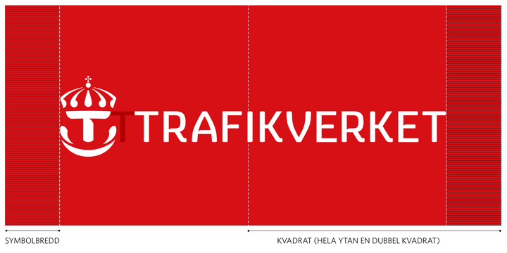 Trafikverkets logotyp. Raster visar hur kronan och texten ska placeras i rektangeln.