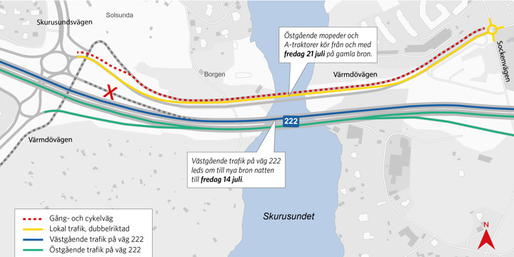 Illustration över trafikomläggningar på Skurubroarna under sommaren