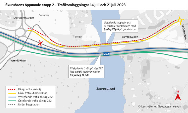 Illustration över trafikomläggningar på Skurubroarna under sommaren