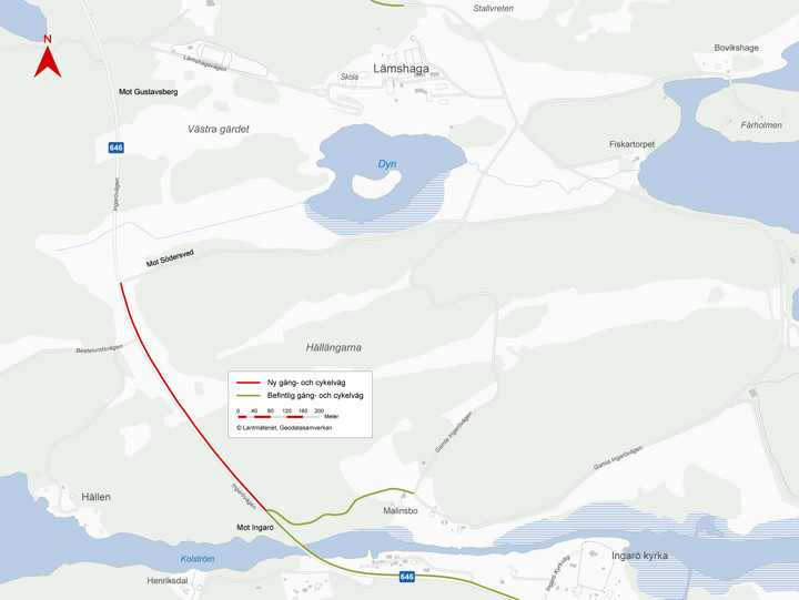 Kartan visar med röd linje vilken del av den nya gång- och cykelvägen som öppnas för trafik måndagen den 7 juli. Vi arbetar vidare med gång- och cykelvägen norrut, alltså mot Värmdö marknad.