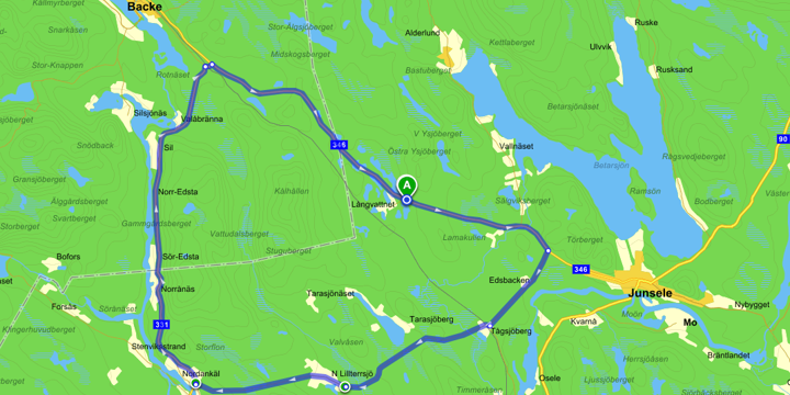 Karta som visar omledningsväg via 