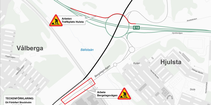 Karta över arbetsområdet vid Trafikplats Hjulsta och Bergslagsvägen