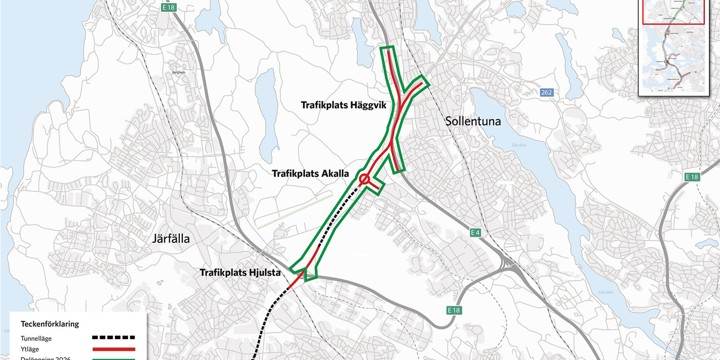 Kartan visar E4 Förbifart Stockholms delsträcka mellan Häggvik och Hjulsta, som öppnar 6 december 2026.