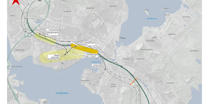 Karta som visar en grön linje genom centrala Piteå