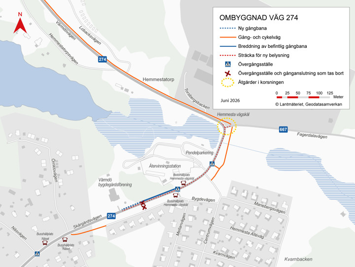 Karta över Hemmesta vägskäl med information om vilket arbete som görs var.