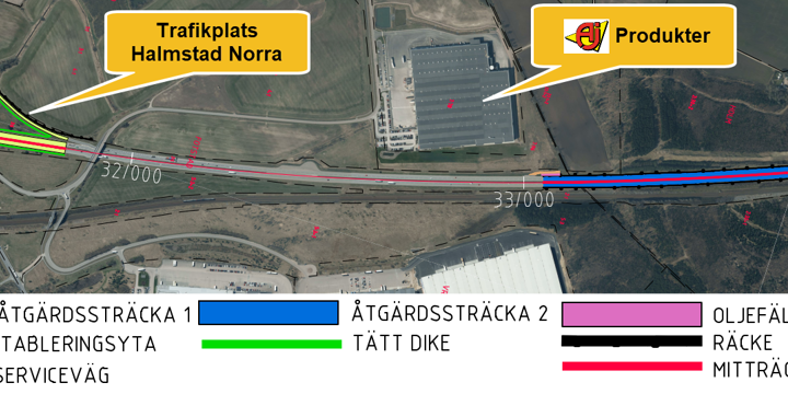 Flygbild som visar den aktuella sträckan och de åtgärdersom planeras att göras.