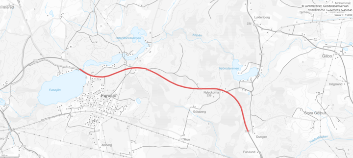 Karta visar sträckningen mellan Furusjö–Habo däe cykelvägen ska byggas.