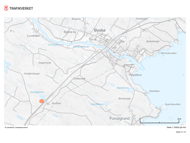 Bilden visar ungefärlig placering av den nya rastplatsen söder om Byske. ©Lantmäteriet, Geodatasamverkan