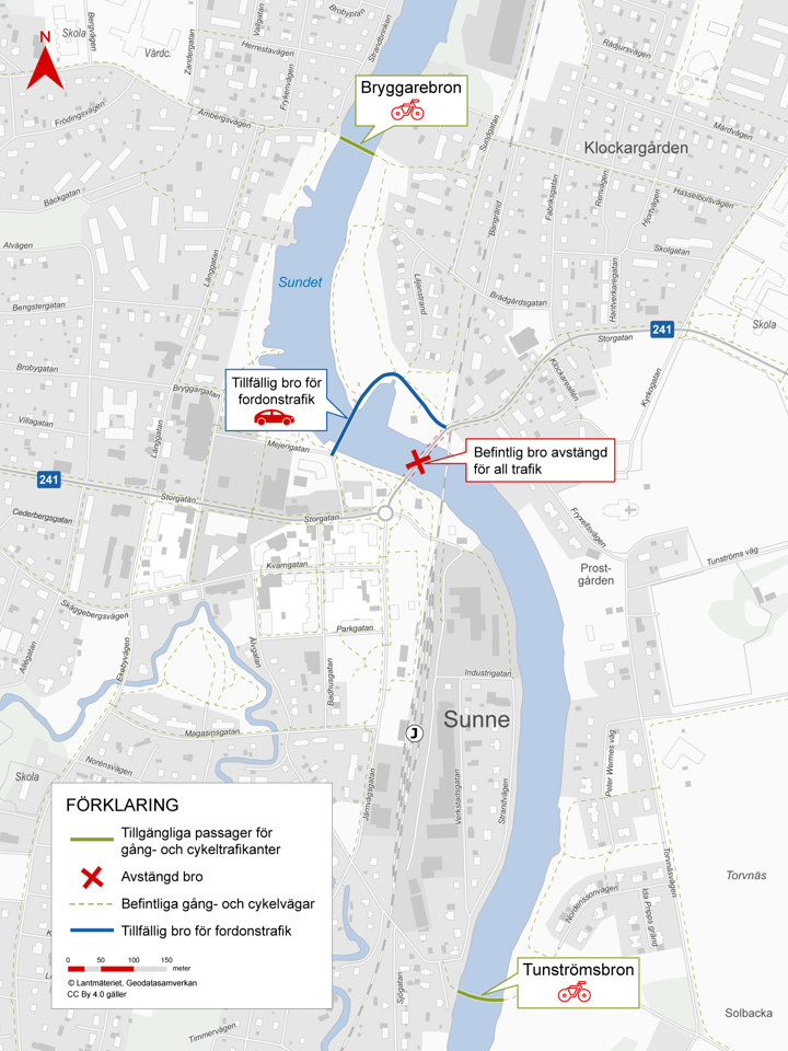 Karta över avstängd bro samt tillfälliga passager för alla trafikanter