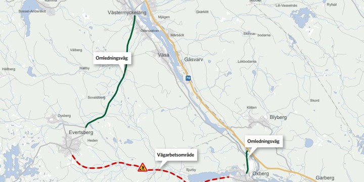 Karta som visar omledning via Älvdalen