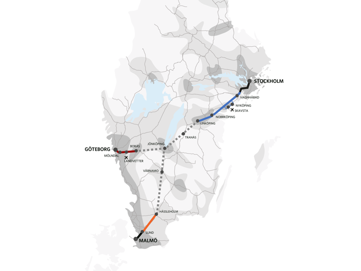 Illustration av södra Sverige där de nya stambanorna mellan Stockholm och Göteborg samt Stockholm och Malmö är utritade