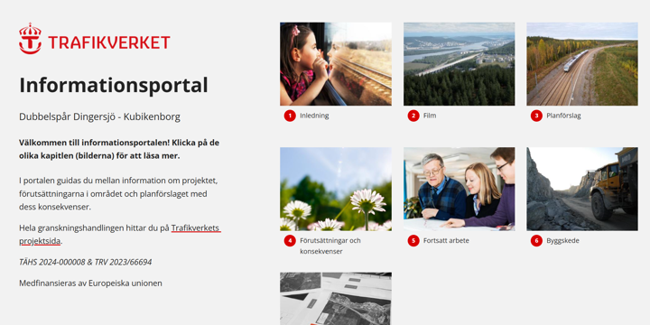 Digital informationsportal med bilder på olika avsnitt såsom inledning, planförslag, förutsättningar och konsekvenser, fortsatt arbete, byggskede och lämna dina synpunkter