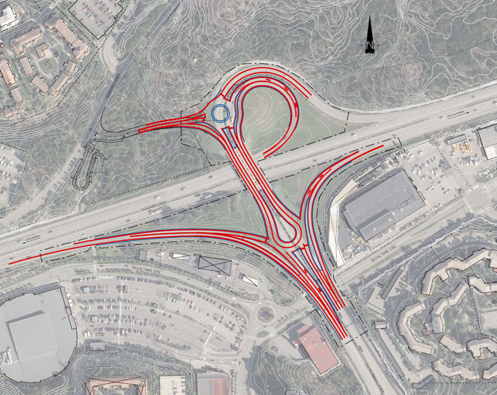 Ritning som med röd linje visar hur trafikplats Skvaltan ska byggas om. Bild: Trafikverket