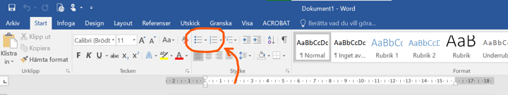 Skärmdump på Word-gränsnittet med listfunktionen inringad.