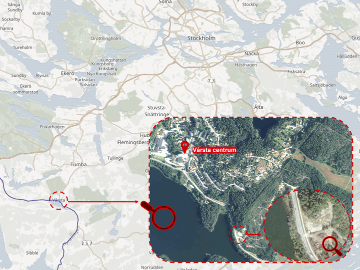 Kartan visar samhället Vårsta med intilliggande större och mindre orter. En röd ring runt "Vårsta" som går till en inzooming av platsen där nya korsningen kommer att byggas på väg 225 vid Slättmalm.