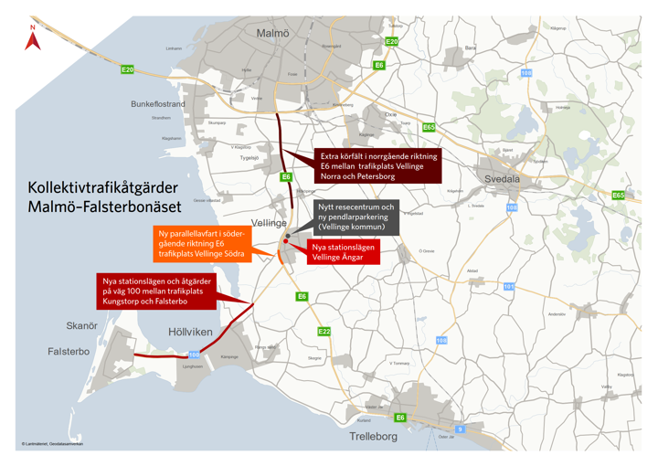 Nya stationslägen och åtgärder på väg 100 mellan traﬁkplats Kungstorp och Falsterbo, Ny parallellavfart i södergående riktning E6  trafikplats Vellinge Södra.  Nytt resecentrum och  ny pendlarparkering (Vellinge kommun). Nya stationslägen Vellinge Ängar. Extra körfält i norrgående riktning  E6 mellan  traﬁkplats Vellinge  Norra och Petersborg.