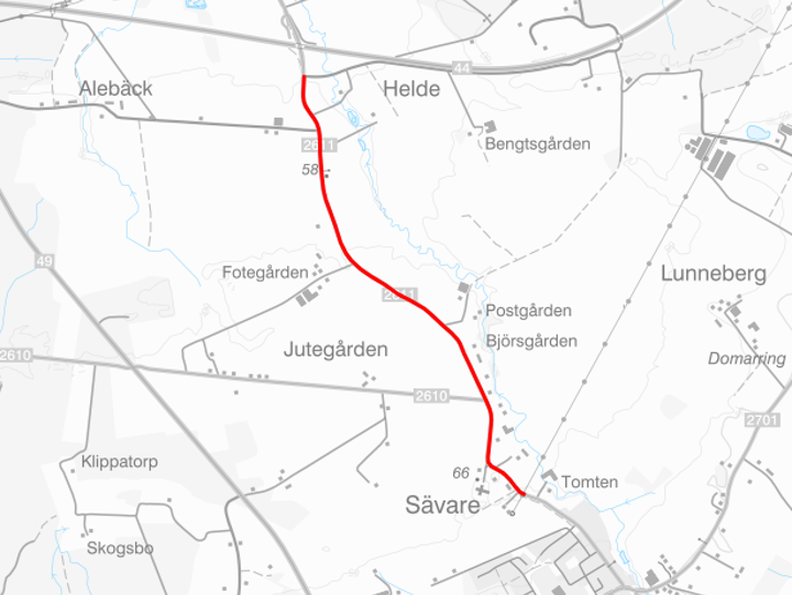 Kartbild som visar sträckan vart den planerade gång- och cykelvägen längs väg 2611 mellan Vinninga och Filsbäckväg kommer byggas.