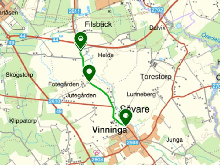 Kartbild som visar sträckan vart den planerade gång- och cykelvägen längs väg 2611 mellan Vinninga och Filsbäckväg kommer byggas.