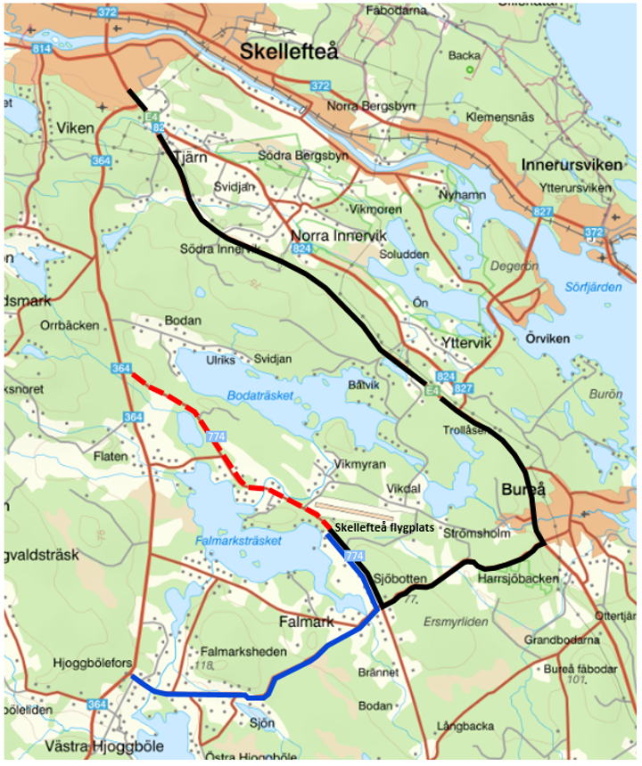 Kartan visar sträckan som ska byggas om samt hur trafiken leds om till flygplatsen
