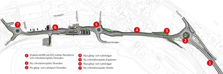 Karta över ombyggnadsåtgärder för delsträcka 1 och 2