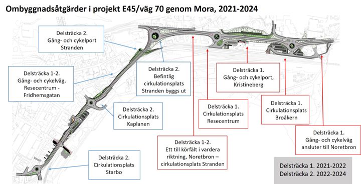 Karta över ombyggnadsåtgärder för delsträcka 1 och 2