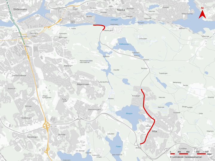 Breddning av gång- och cykelväg kommer utföras längs sträckorna som är rödmarkerade på kartan