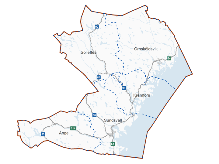 Kartbild över Västernorrlands läns fem driftområden;Kramfors, Sollefteå, Sundsvall, Ånge och Örnsköldsvik. lv, Landvetter, norra-  västra och södra Skaraborg, Trollhättan, Uddevalla, Viskadalen, Ätradalen. 