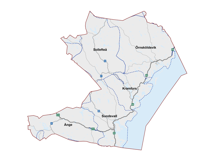 Kartbild över Västernorrlands läns fem driftområden;Kramfors, Sollefteå, Sundsvall, Ånge och Örnsköldsvik. lv, Landvetter, norra-  västra och södra Skaraborg, Trollhättan, Uddevalla, Viskadalen, Ätradalen. 
