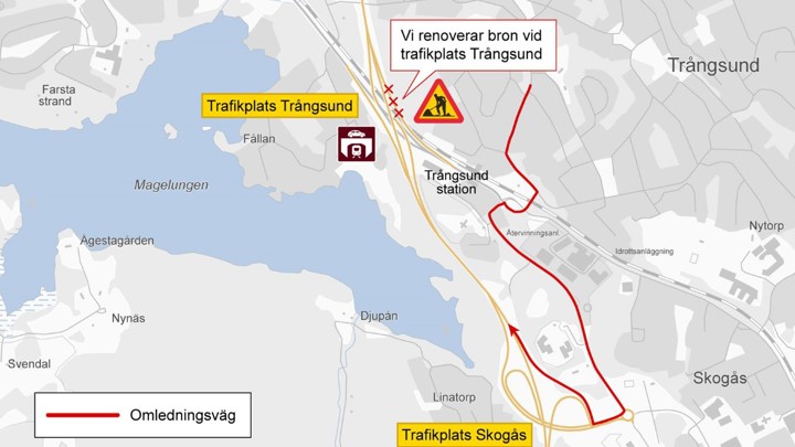 Karta över omledningsväg vid trafikplats Trångsund.