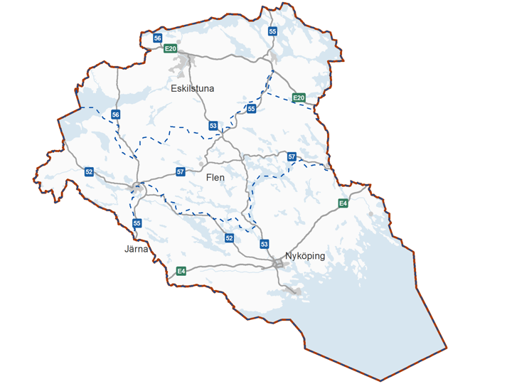 Kartbild över Södermanland tre driftområden, Eskilstuna, Flen och Nyköping.